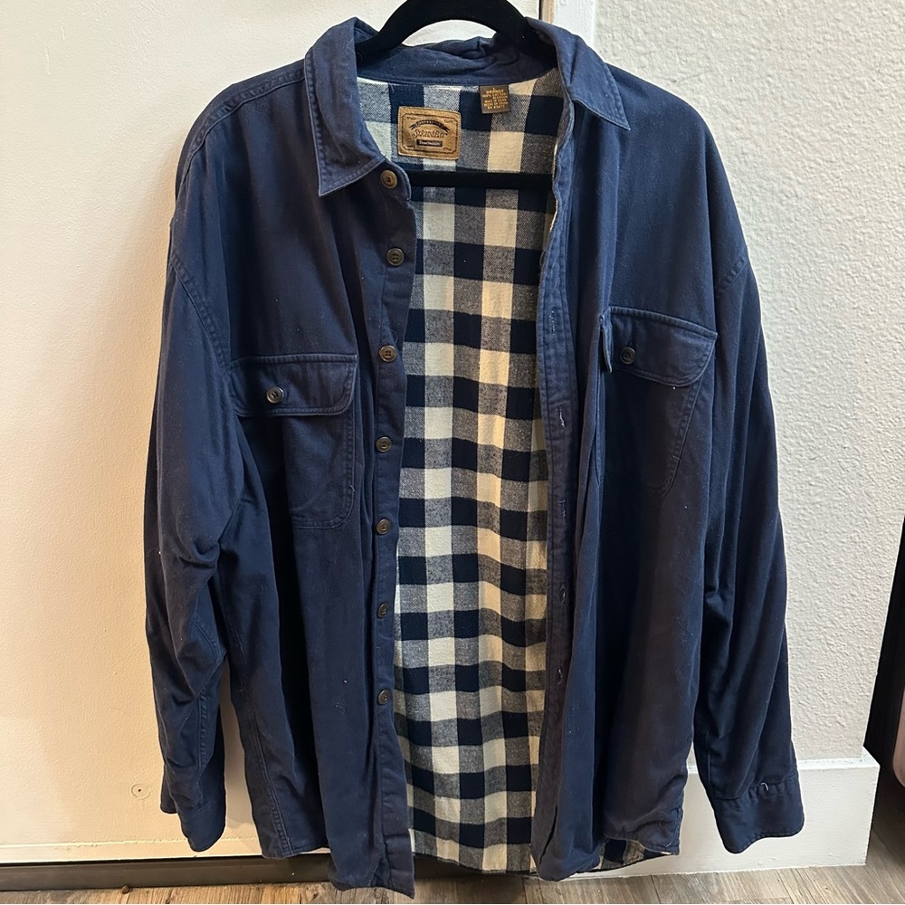 Vintage St. John’s Bay Navy blue and white plaid flannel lined jacket